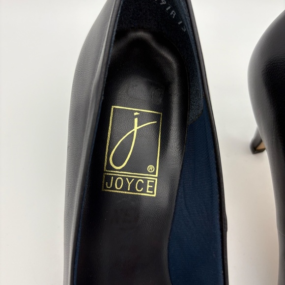 Joyce Vintage Dark Navy Kidskin Leather Pointed Toe Heels with Gold Toe Accent - Picture 4 of 15